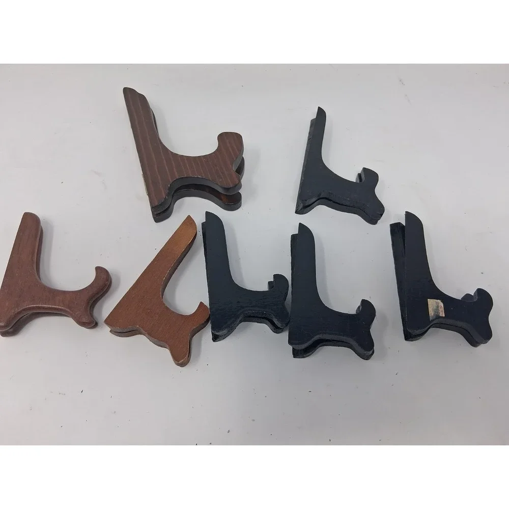 Hinged Easel Plate Holders Wooden Folding Set of 7 Black/brown. Q